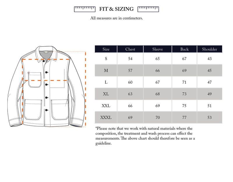 Sizing chart for the Blue de Gênes Vincenzo Solid Jacket - Dark Navy, showing chest, sleeve, back, and shoulder measurements (cm) for sizes S to XXXL. An illustration on the left highlights each measurement point.