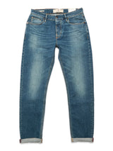The Vinci Topaz Vintage Jeans - Used by Blue de Gênes are blue comfort stretch denim jeans with a faded wash, five pockets, and rolled-up cuffs, shown laid flat on a white background.