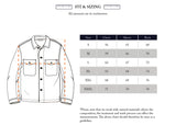 Blue de Gênes size chart for the Yodo Check Overshirt - Multi Check in soft-touch moleskin (S–XXXL), showing chest, sleeve, and back lengths (cm) with illustrated measurement points. Guideline only; sizes may vary by material.