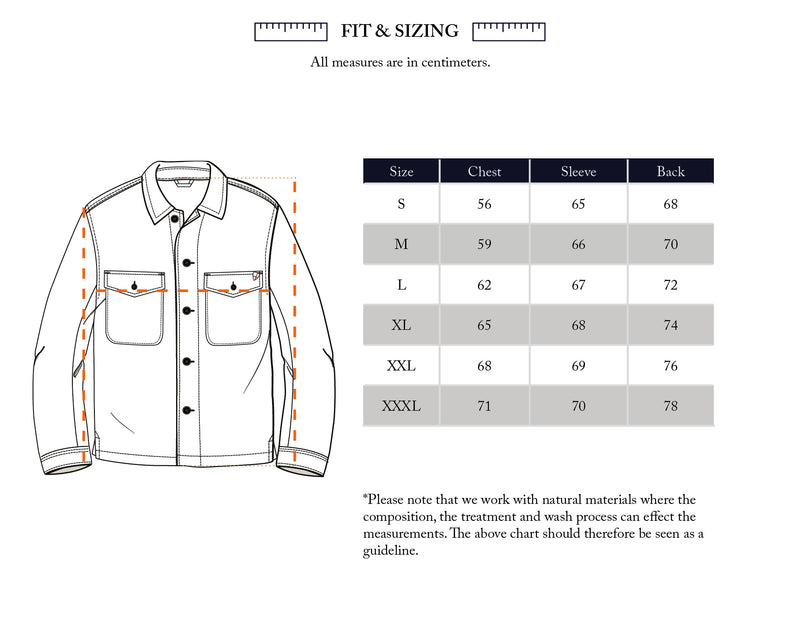 Blue de Gênes size chart for the Yodo Check Overshirt - Multi Check in soft-touch moleskin (S–XXXL), showing chest, sleeve, and back lengths (cm) with illustrated measurement points. Guideline only; sizes may vary by material.