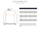 The fit and sizing guide for the Yomaha Halfzip Knit - Fungi by Blue de Gênes has a diagram with chest, sleeve, and back measurements, plus a table listing sizes S to XXXL with measurements in centimeters.