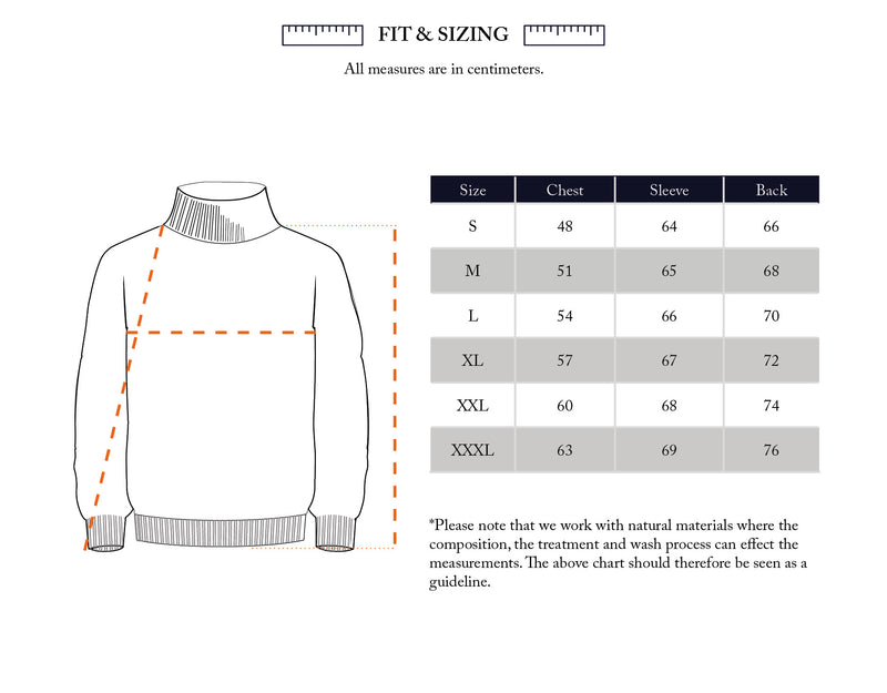 Illustration of the Yomaha Halfzip Knit - Scarab by Blue de Gênes with measurement lines and a size chart (S–XXXL, cm) for chest, sleeve, and back lengths. Chart notes slight variations in measurements.