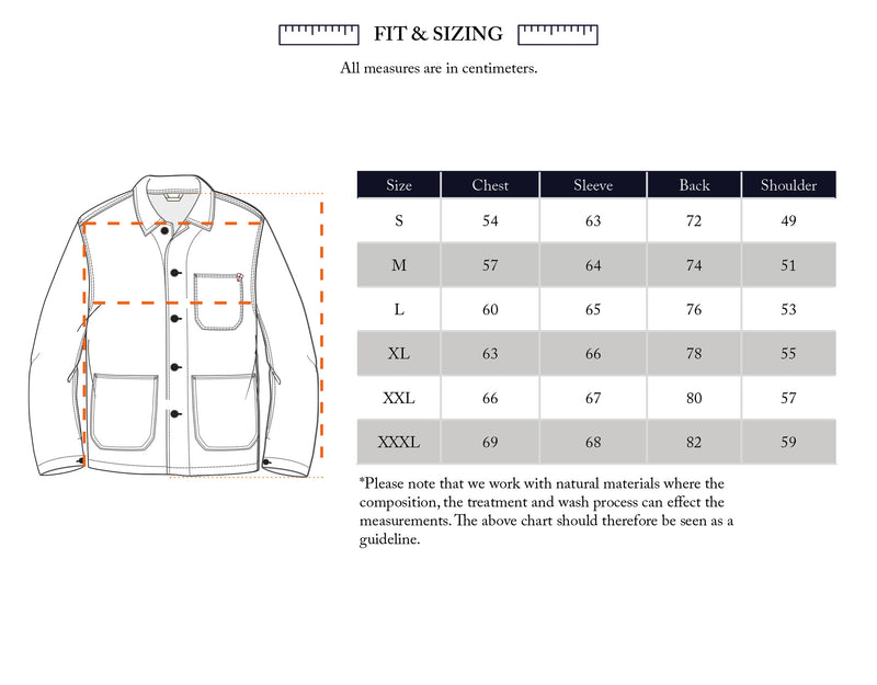 A fit and sizing chart for the Blue de Gênes Yuma Fano Jacket - Denim Blue, featuring a jacket illustration with measurement guides and a table of chest, sleeve, back, and shoulder sizes (S–XXXL) in centimeters, plus a sizing disclaimer.